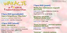 Plakat informujący o atrakcjach wakacyjnych w Powiecie Radomszczańskim