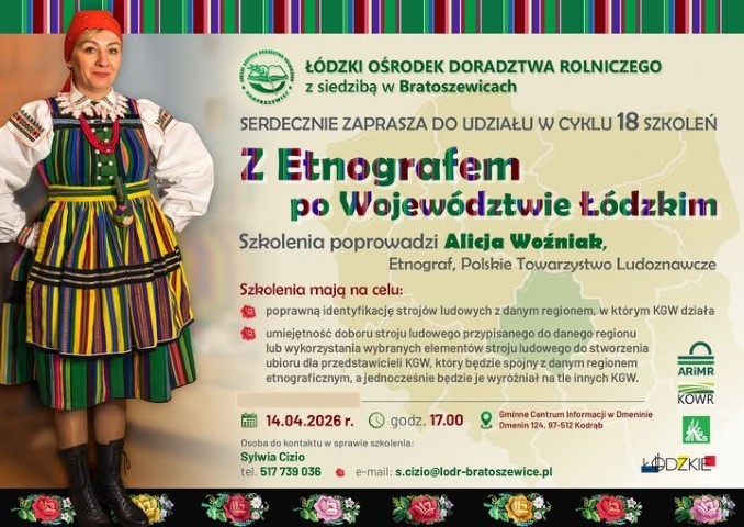 Plakat informacyjny. Na pierwszym planie widoczna kobieta w ludowym stroju 