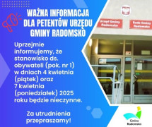 Plakat informacyjny: widoczny budynek Urzędu Gminy Radomsko oraz litery