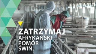 Plakat informacyjny. Widoczne osoby w ochronnych kombinezonach oraz napisy