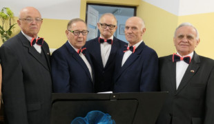 Pięciu mężczyzn w garniturach. Mężczyźni stoją obok siebie