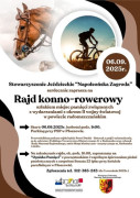 Plakat informacyjny: widoczny koń i osoba jadąca na rowerze 