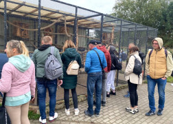 Grupa osób podczas zwiedzania ZOO Borysew 