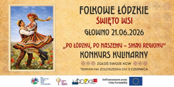 Kolorowy plakat informacyjny. Widoczne napisy oraz tańcząca para w ludowym stroju 