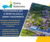 Kolorowy plakat informujący o spotkaniu dot. rewitalizacji w Gminie Radomsko 
