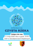Niebieski plakat informujący o akcji dot. sprzątania rzeki Warty 