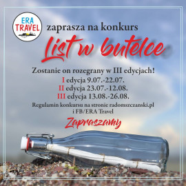 Plakat informujący o konkursie organizowanym przez ERA TRAVEL ph. "List w butelce"