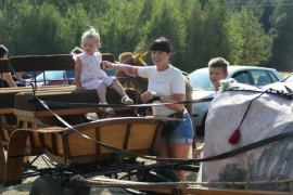 Mała dziewczynka siedząca w bryczce 