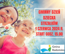 Plakat informujący o Gminnym Dniu Dziecka w Strzałkowie. Widoczne dwie uśmiechnięte dziewczynki. 