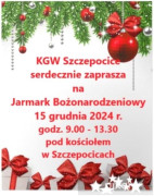 Kolorowy plakat zapraszający na Jarmark Bożonarodzeniowy w Szczepocicach 