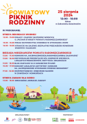 Kolorowy plakat informujący o Powiatowym Pikniku Rodzinnym 