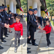 Dwaj młodzi druhowie odbierają gratulacje od dorosłych druhów