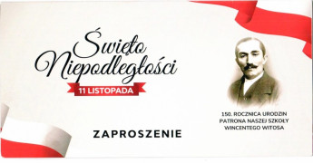 Zaproszenie: widoczne napisy, biało-czerwona flaga oraz wizerunek Wincentego Witosa