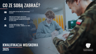 Plakat informacyjny dot. kwalifikacji wojskowej. Widoczni dwaj mężczyźni