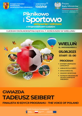 Plakat informujący o pikniku pt. "Piknikowo i Sportowo z Województwem Łódzkim". Wydarzenie odbędzie się 5 sierpnia w Wieluniu
